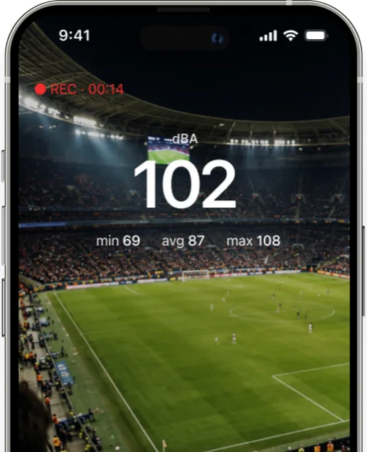 Camera mode showing 102 dBA over a football stadium