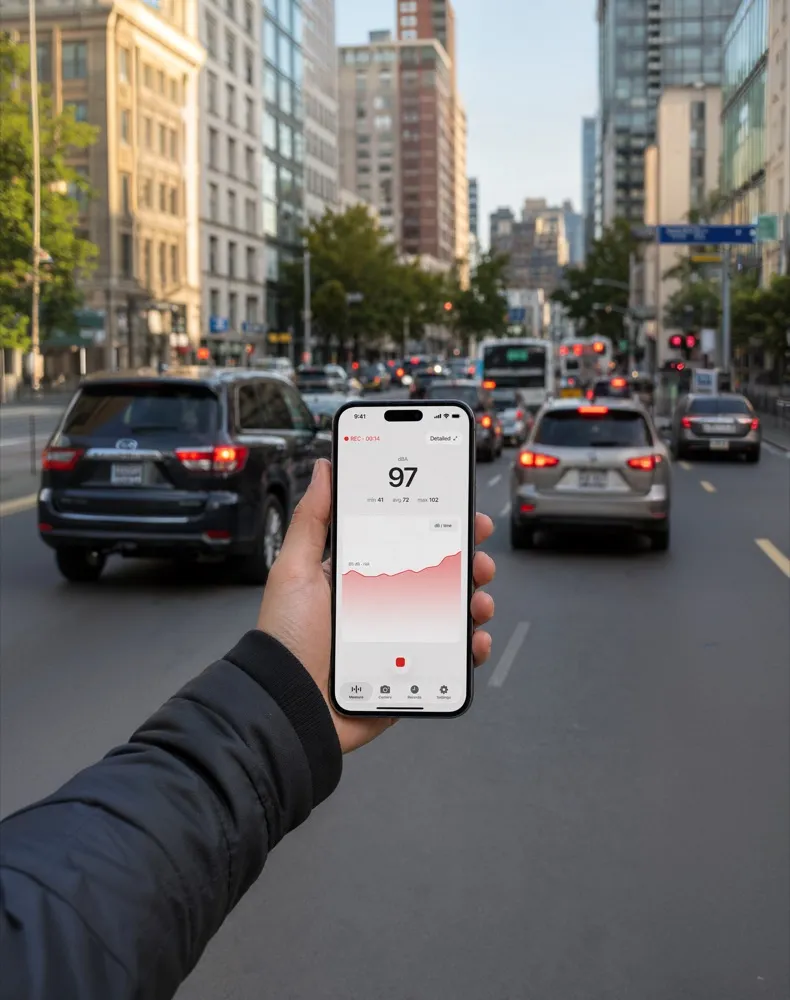 Holding an iPhone running Decibel Meter on a busy street, reading 97 dBA